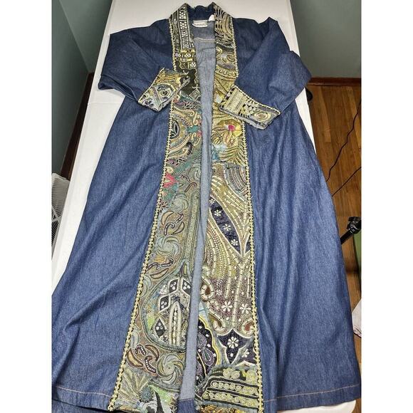 Vintage Molato Heavily Embroidered Maxi Legnth Open Front Boho Artsy Jean Jacket - Picture 1 of 10